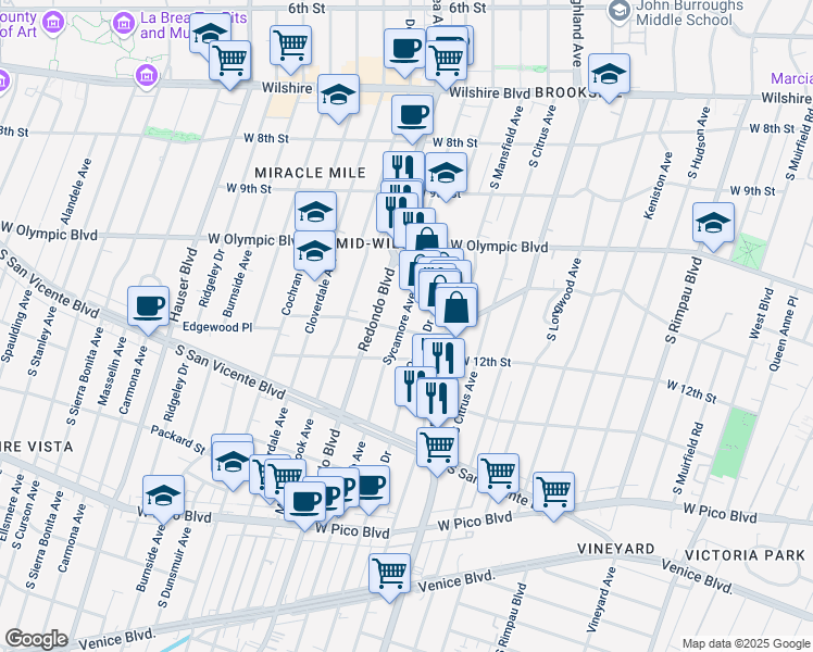 map of restaurants, bars, coffee shops, grocery stores, and more near 1098 South Sycamore Avenue in Los Angeles