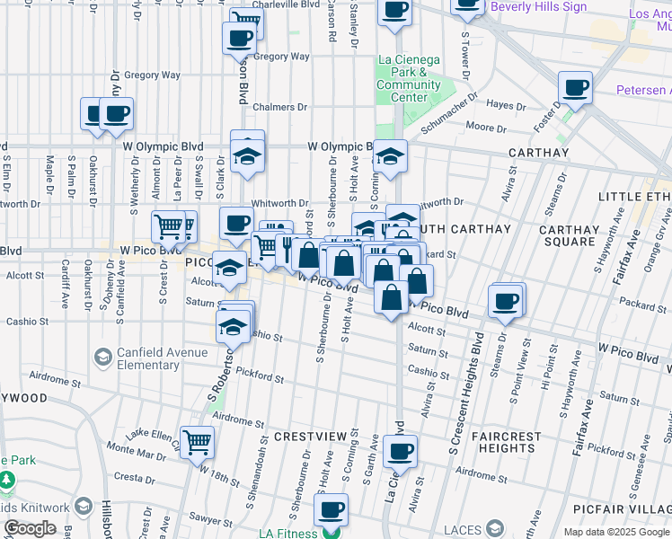 map of restaurants, bars, coffee shops, grocery stores, and more near in Los Angeles County