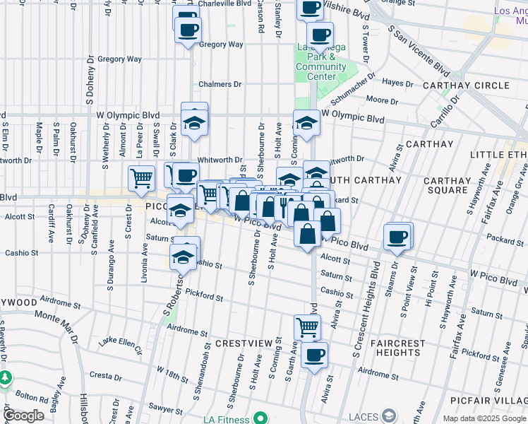 map of restaurants, bars, coffee shops, grocery stores, and more near 1240 South Sherbourne Drive in Los Angeles
