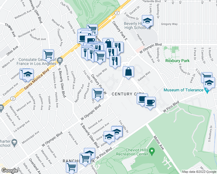 map of restaurants, bars, coffee shops, grocery stores, and more near 2115 Century Woods Way in Los Angeles