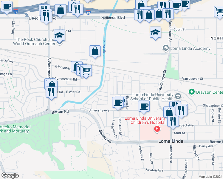 map of restaurants, bars, coffee shops, grocery stores, and more near 10972 Rincon Street in Loma Linda