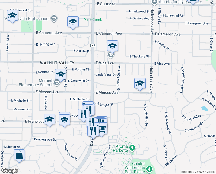 map of restaurants, bars, coffee shops, grocery stores, and more near 1902 East Greenville Drive in West Covina