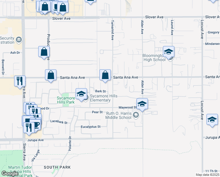 map of restaurants, bars, coffee shops, grocery stores, and more near 10975 Daylilly Street in Fontana