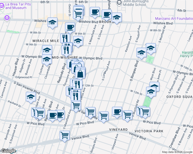 map of restaurants, bars, coffee shops, grocery stores, and more near 1142 South Highland Avenue in Los Angeles