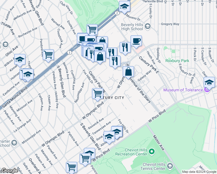 map of restaurants, bars, coffee shops, grocery stores, and more near 2115 Century Woods Way in Los Angeles
