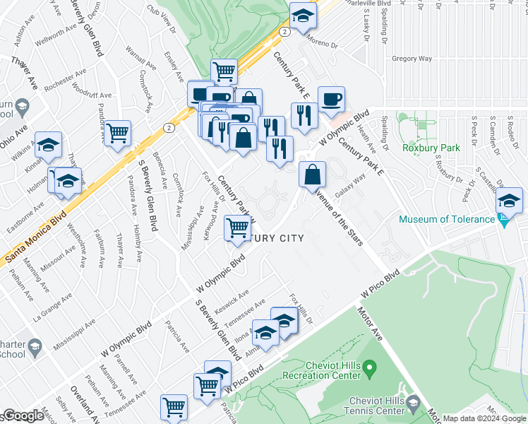 map of restaurants, bars, coffee shops, grocery stores, and more near 2187 Century Woods Way in Los Angeles