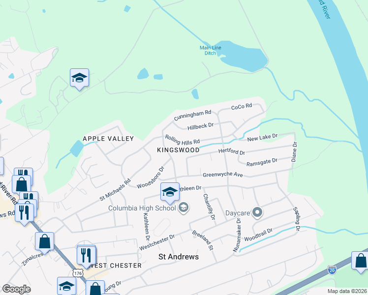 map of restaurants, bars, coffee shops, grocery stores, and more near 2144 Rolling Hills Road in Columbia