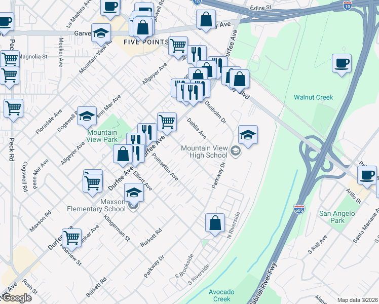 map of restaurants, bars, coffee shops, grocery stores, and more near 12389 Magnolia Street in El Monte