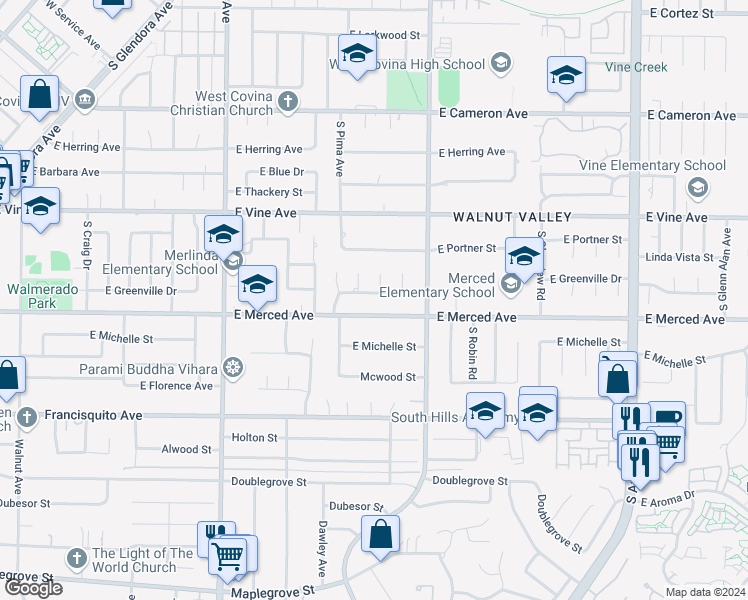 map of restaurants, bars, coffee shops, grocery stores, and more near 1248 East Greenville Drive in West Covina