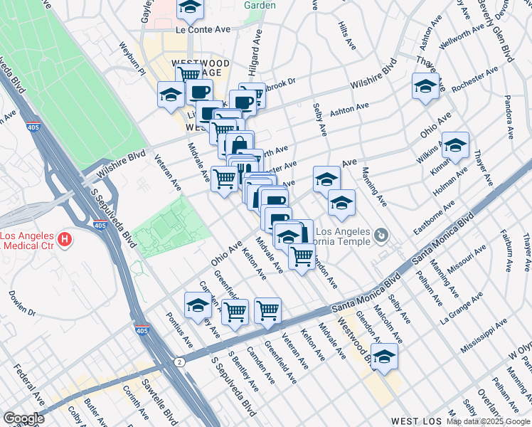 map of restaurants, bars, coffee shops, grocery stores, and more near 1435 Westwood Boulevard in Los Angeles