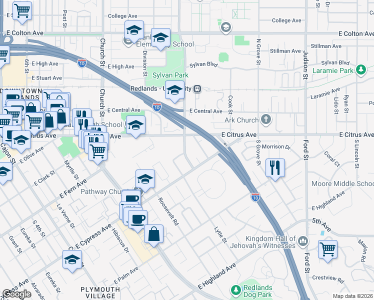 map of restaurants, bars, coffee shops, grocery stores, and more near 503 North University Street in Redlands