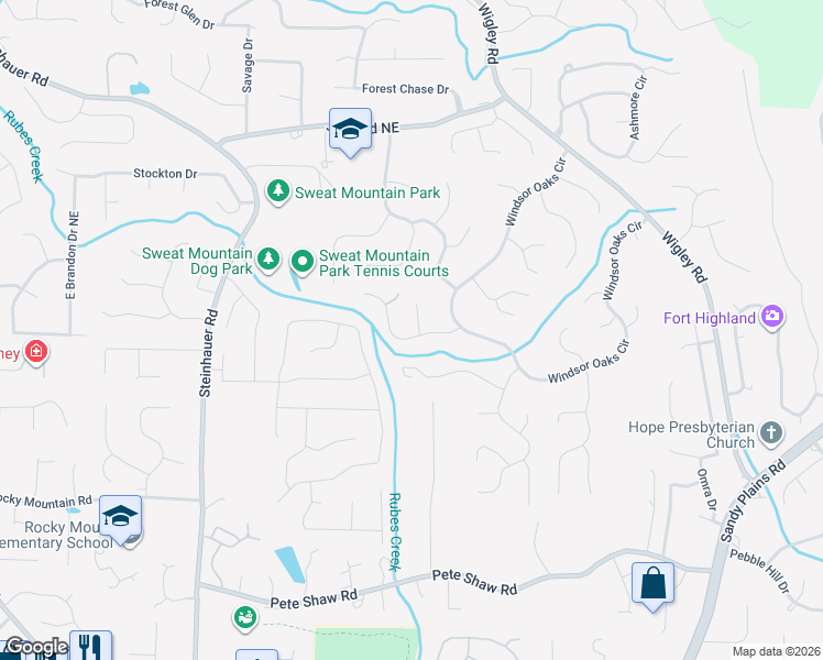 map of restaurants, bars, coffee shops, grocery stores, and more near 3001 Creekside Way in Marietta