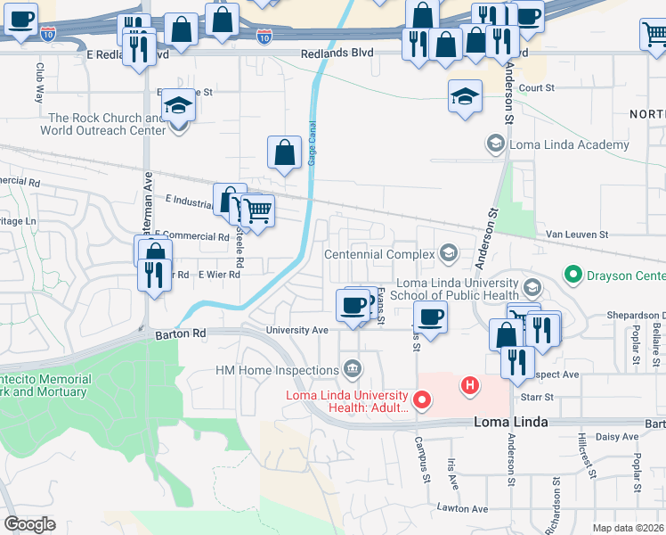 map of restaurants, bars, coffee shops, grocery stores, and more near 10972 Rincon Street in Loma Linda