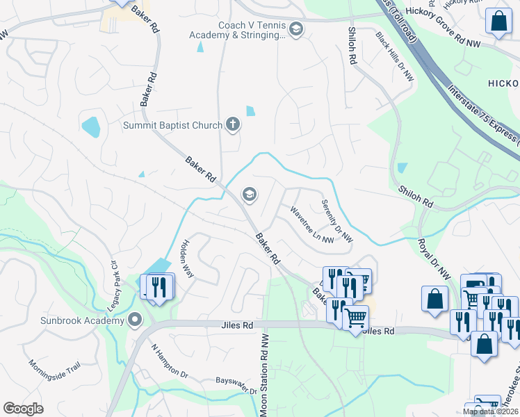 map of restaurants, bars, coffee shops, grocery stores, and more near 3843 Sunview Drive Northwest in Acworth