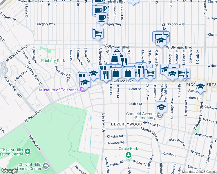 map of restaurants, bars, coffee shops, grocery stores, and more near 1417 Edris Drive in Los Angeles