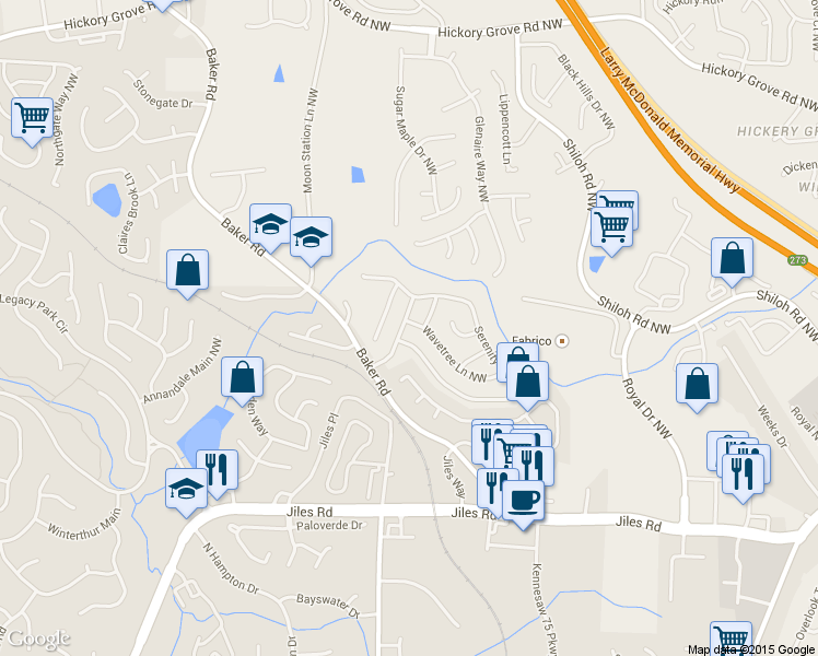 map of restaurants, bars, coffee shops, grocery stores, and more near 3818 Tidewater Way Northwest in Acworth