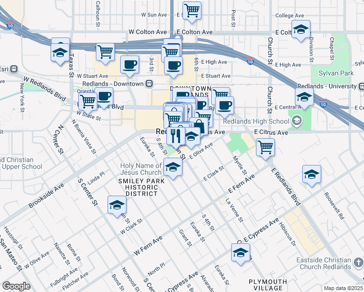 map of restaurants, bars, coffee shops, grocery stores, and more near 18 East Vine Street in Redlands