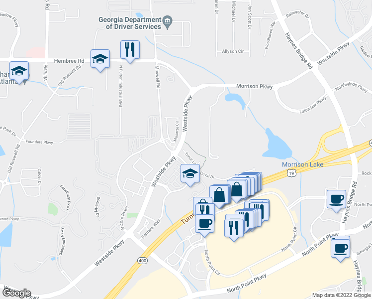 map of restaurants, bars, coffee shops, grocery stores, and more near 2281 Tenor Lane in Alpharetta