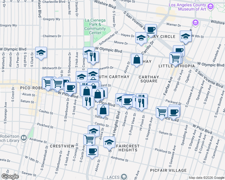 map of restaurants, bars, coffee shops, grocery stores, and more near 1207 Alvira Street in Los Angeles