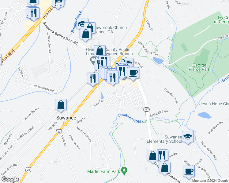 map of restaurants, bars, coffee shops, grocery stores, and more near 3920 Charleston Market Street Northwest in Suwanee