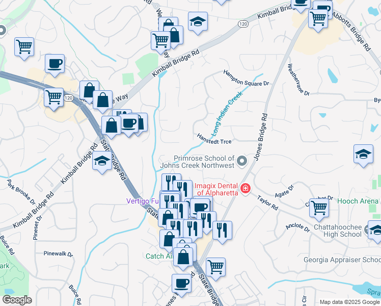 map of restaurants, bars, coffee shops, grocery stores, and more near 11240 Bramshill Drive in Johns Creek
