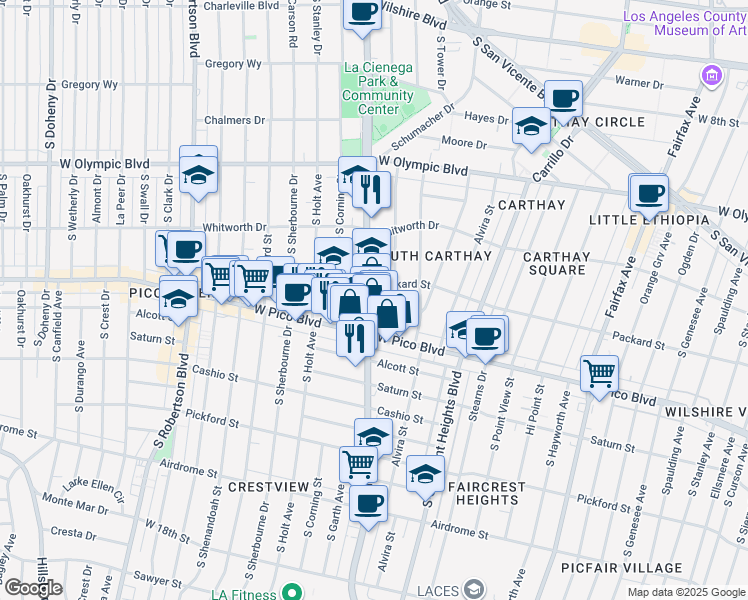 map of restaurants, bars, coffee shops, grocery stores, and more near 1264 South La Cienega Boulevard in Los Angeles
