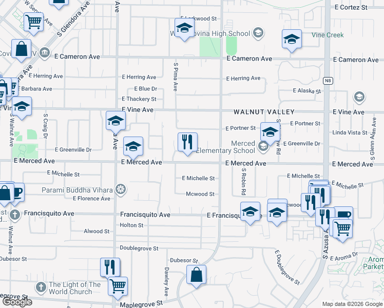 map of restaurants, bars, coffee shops, grocery stores, and more near 1248 East Greenville Drive in West Covina