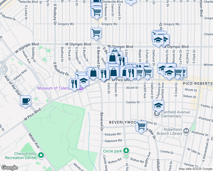 map of restaurants, bars, coffee shops, grocery stores, and more near 1417 Edris Drive in Los Angeles