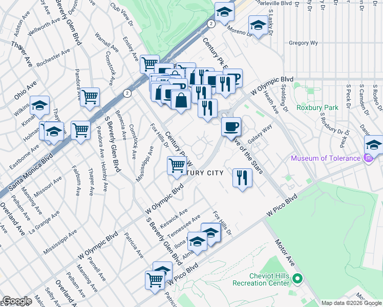 map of restaurants, bars, coffee shops, grocery stores, and more near 2131 Century Woods Way in Los Angeles