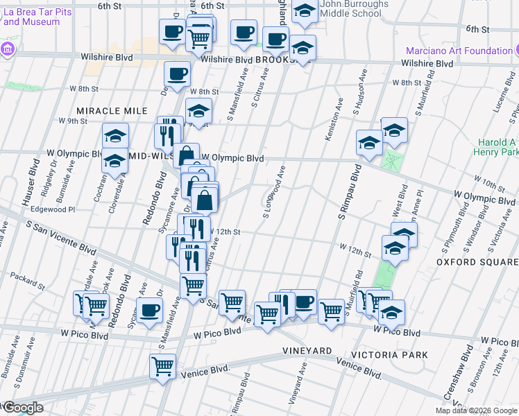 map of restaurants, bars, coffee shops, grocery stores, and more near 1145 South Longwood Avenue in Los Angeles