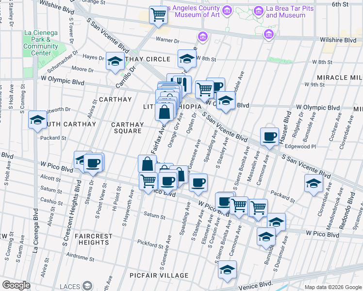 map of restaurants, bars, coffee shops, grocery stores, and more near 1209 South Ogden Drive in Los Angeles