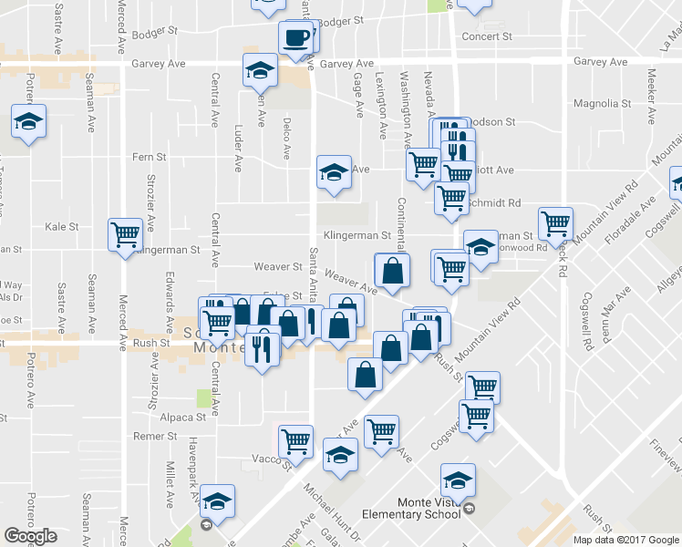 map of restaurants, bars, coffee shops, grocery stores, and more near 2300 Granada Avenue in South El Monte