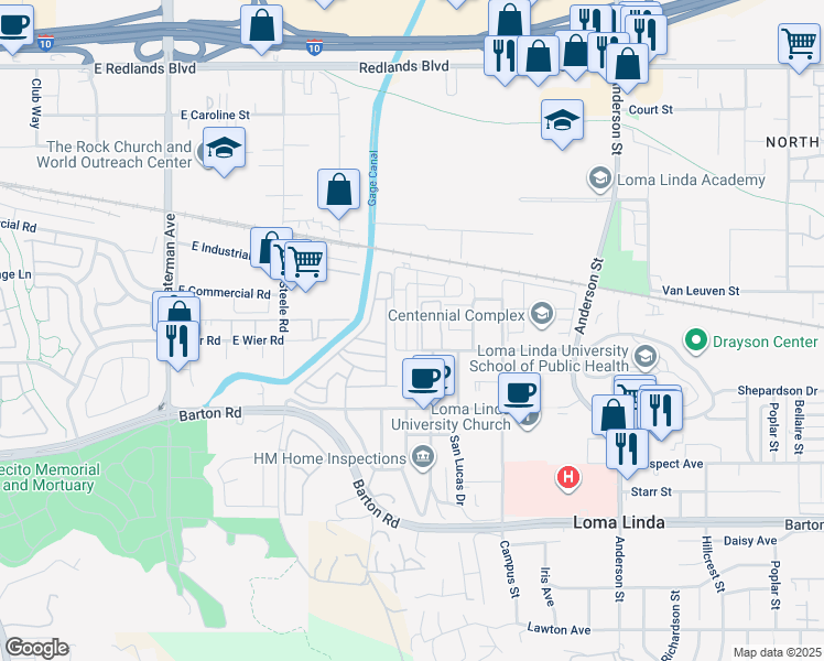 map of restaurants, bars, coffee shops, grocery stores, and more near 10975 Rincon Street in Loma Linda