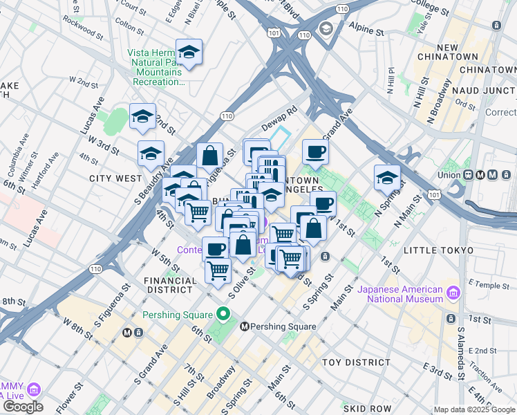 map of restaurants, bars, coffee shops, grocery stores, and more near 221 South Grand Avenue in Los Angeles