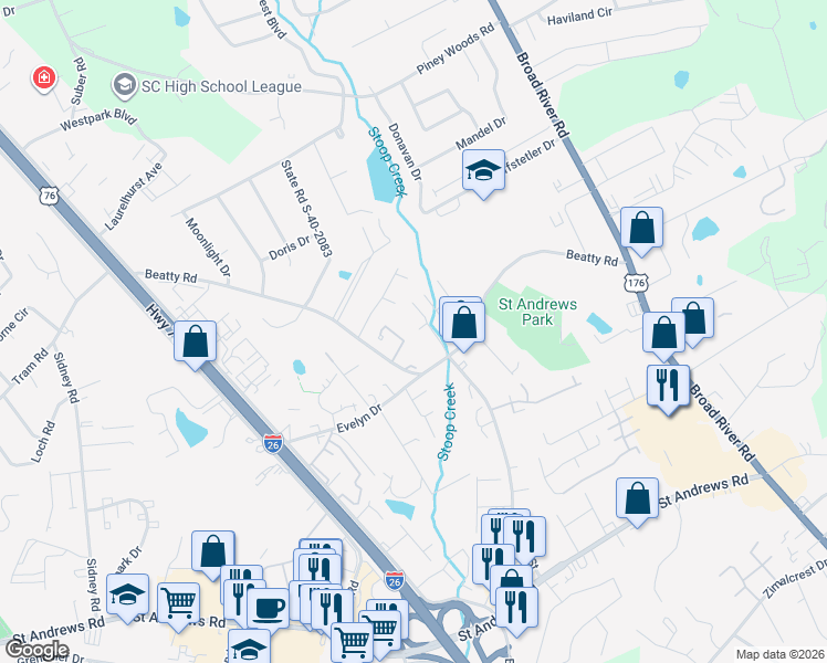 map of restaurants, bars, coffee shops, grocery stores, and more near 525 Hickory Hill Drive in Columbia