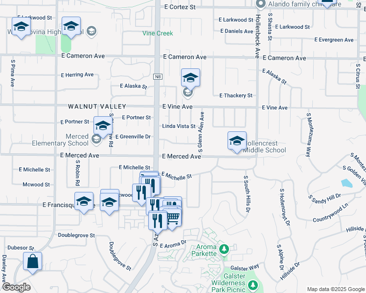 map of restaurants, bars, coffee shops, grocery stores, and more near 1902 East Greenville Drive in West Covina