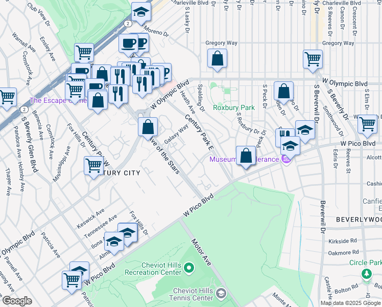 map of restaurants, bars, coffee shops, grocery stores, and more near 2233 Century Hill in Los Angeles