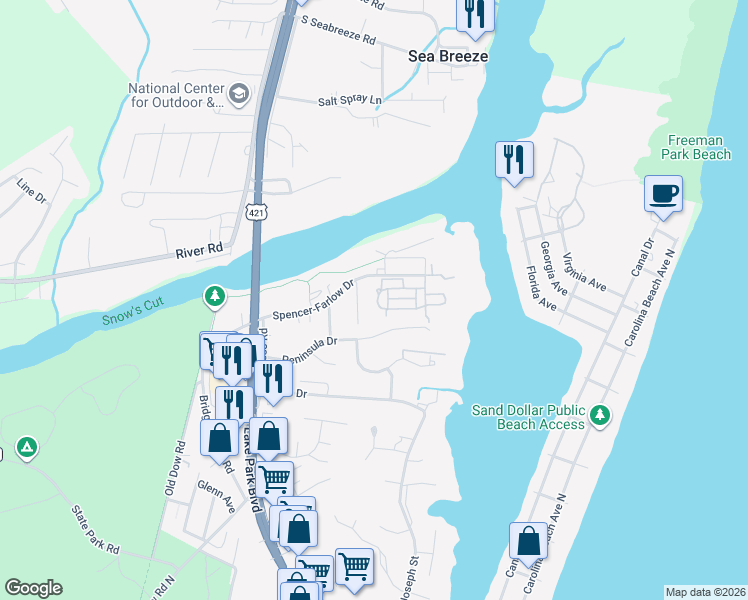 map of restaurants, bars, coffee shops, grocery stores, and more near 236 Silver Sloop Way in Carolina Beach