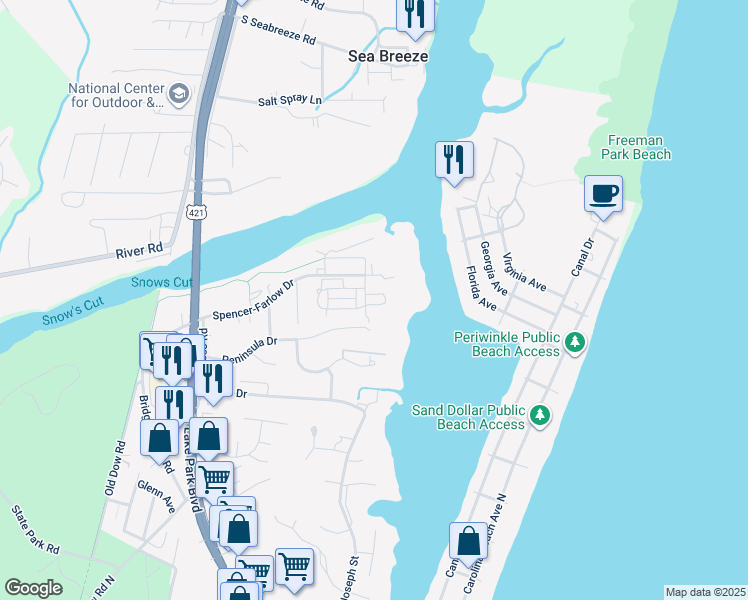 map of restaurants, bars, coffee shops, grocery stores, and more near 118 Green Turtle Lane in Carolina Beach