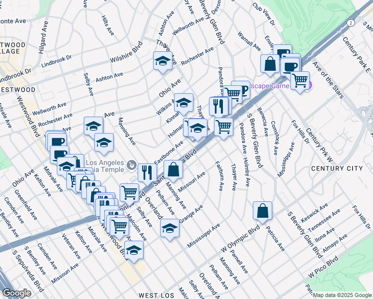 map of restaurants, bars, coffee shops, grocery stores, and more near 10585 Santa Monica Boulevard in Los Angeles