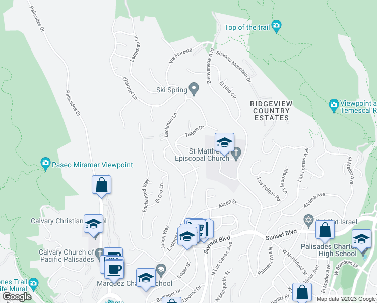 map of restaurants, bars, coffee shops, grocery stores, and more near 16624 Pequeno Place in Los Angeles
