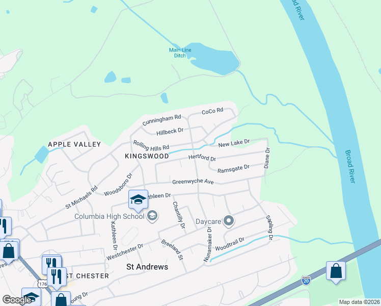 map of restaurants, bars, coffee shops, grocery stores, and more near 2237 Hertford Dr in Columbia