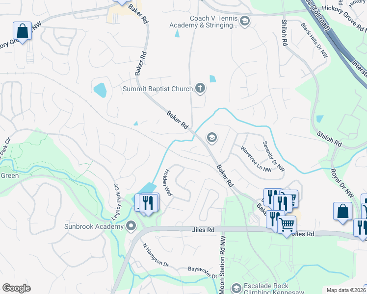 map of restaurants, bars, coffee shops, grocery stores, and more near 2306 Baker Station Drive in Acworth