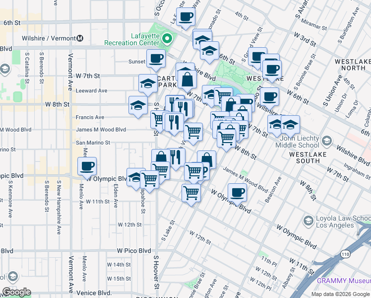map of restaurants, bars, coffee shops, grocery stores, and more near 2300 James M Wood Boulevard in Los Angeles
