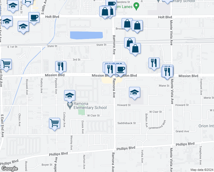 map of restaurants, bars, coffee shops, grocery stores, and more near 4455 Mane Street in Montclair