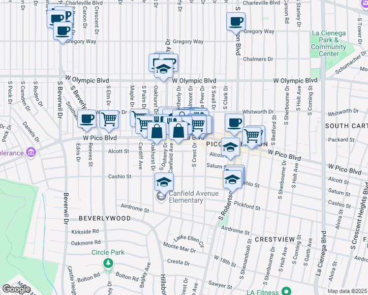 map of restaurants, bars, coffee shops, grocery stores, and more near 9025 Alcott Street in Los Angeles