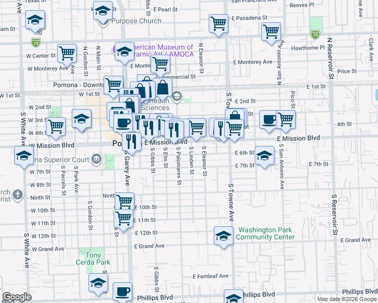 map of restaurants, bars, coffee shops, grocery stores, and more near 553 South Linden Street in Pomona