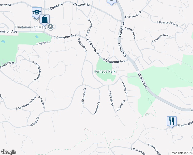 map of restaurants, bars, coffee shops, grocery stores, and more near 940 Heritage Drive in West Covina