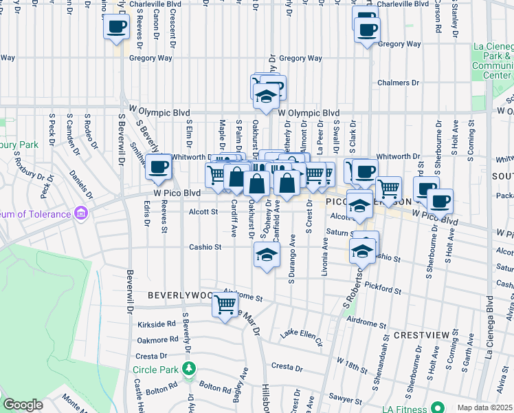 map of restaurants, bars, coffee shops, grocery stores, and more near 1420 South Oakhurst Drive in Los Angeles