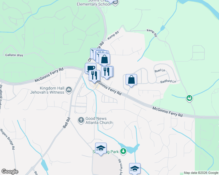map of restaurants, bars, coffee shops, grocery stores, and more near 7764 McGinnis Ferry Road in Johns Creek
